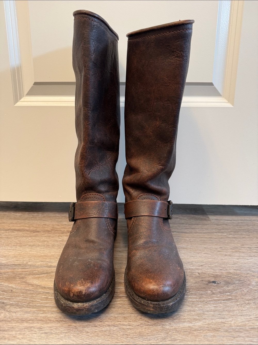 Frye Distressed Dark Brown Buckle Riding Boots